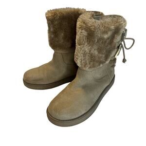Guess, Suede Faux Fur Cuff Ankle Boots, 6.5m Tan w/ Gold Buckle